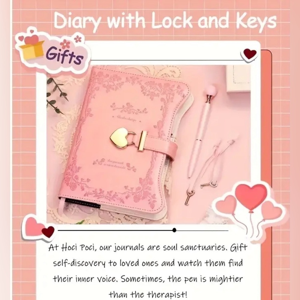 Pink Heart Lock Diary with Pen